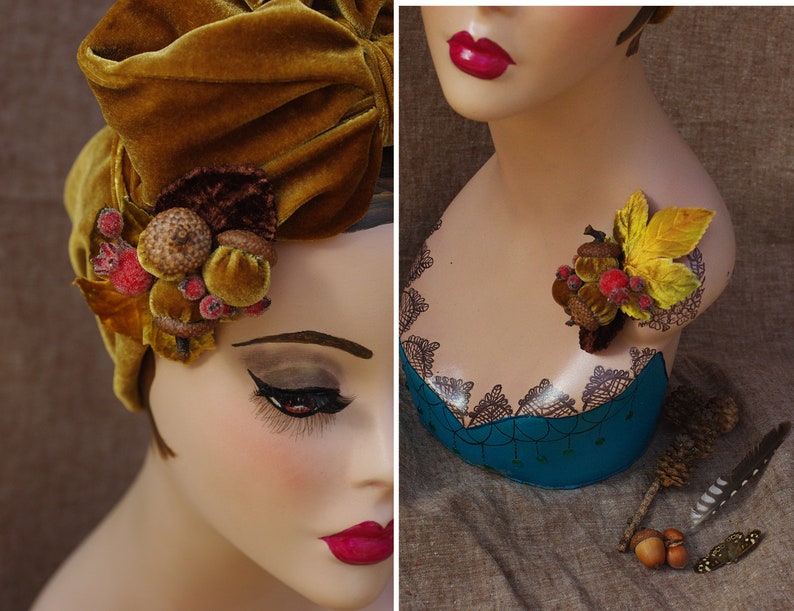 GOLDEN autumn Velvet Turban / Headband & Brooch for FALL / Vintage 40s 30s / Retro Art Nouveau Bow acorns / Urban image 2