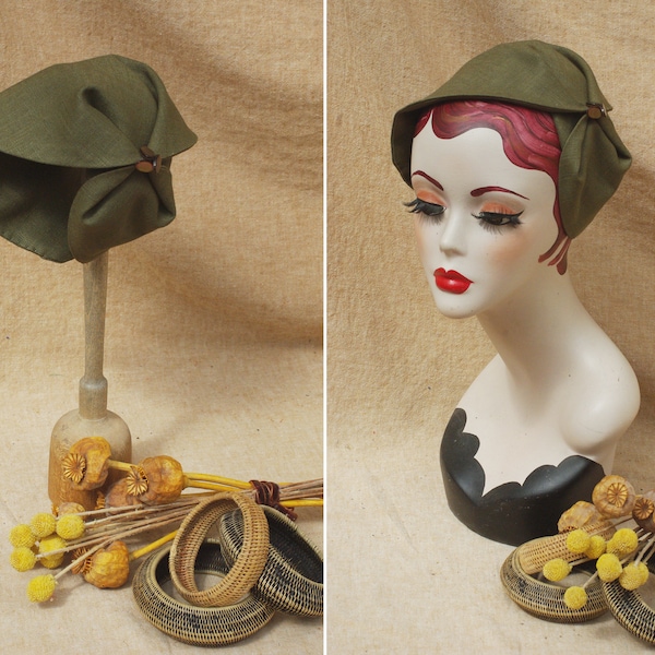 Olive Green Half Hat pure linen Summer // Headpiece Vintage 30s 20s Art Deco // elegant Diva Look // Headband Hairlost solution accessories