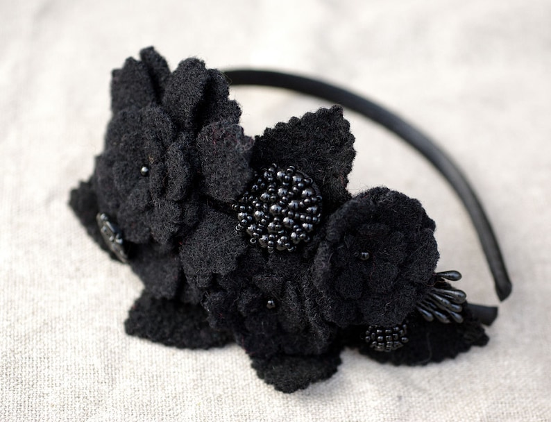 Victorian Style Headband style wool black winter ethno hippie festival russian carpatian Bucovina headpiece fascinator alice band gothik image 1