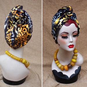 LEO / ANIMAL print : Velvet Full cap Turban // 60s Diva Look Turban // Accessories Vintage African style // brown orange yellow // Hair lost image 4