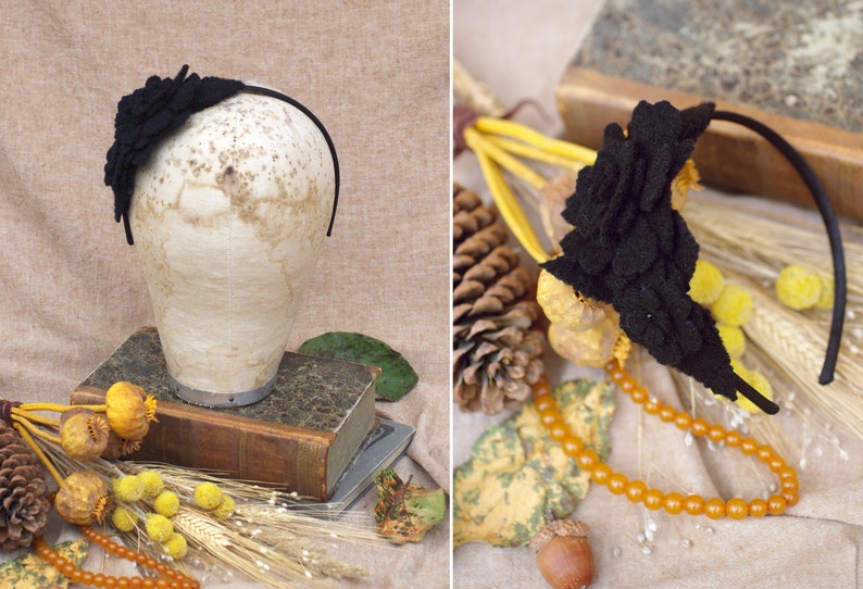 Winter accessories: black wool headband // customizable headpiece // gift idea // fascinator boho wool elegant minimalistic image 2