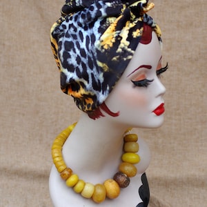 LEO / ANIMAL print : Velvet Full cap Turban // 60s Diva Look Turban // Accessories Vintage African style // brown orange yellow // Hair lost image 6