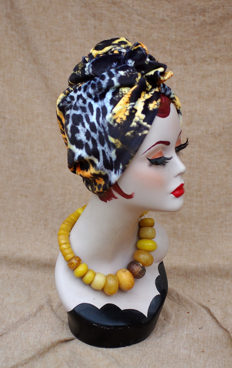 LEO / ANIMAL print : Velvet Full cap Turban // 60s Diva Look Turban // Accessories Vintage African style // brown orange yellow // Hair lost image 6