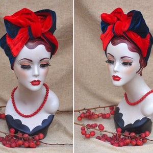 poppy red & navy blue Velvet Turban Headband // Vintage 20s 30s Pinb Up look Bow // Art Nouveau bourlesque dancer accessories // Jazzafine