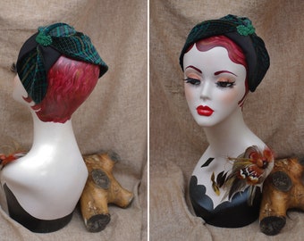 TARTAN blue & green // Half Hat Headpiece Velvet Lace Vintage 30s 40 style / Gold Diva Plaid Checked Headband Fascinator scottland navy