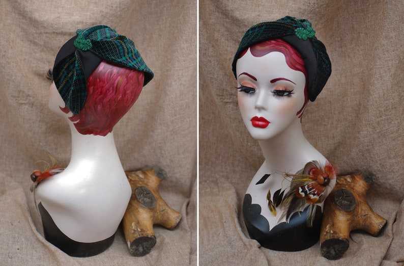 TARTAN blue & green // Half Hat Headpiece Velvet Lace Vintage 30s 40 style / Gold Diva Plaid Checked Headband Fascinator scottland navy  