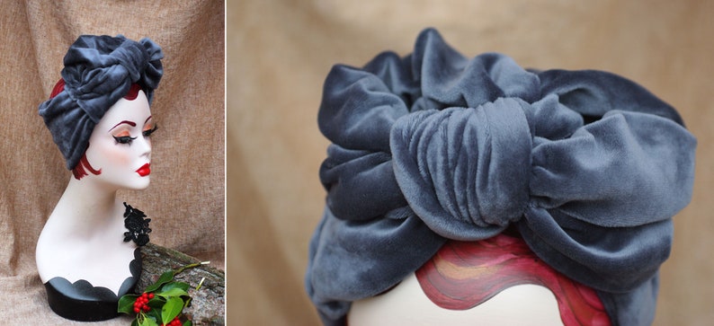 PIGEON BLUE: Velvet Turban Headband // Vintage 40s 30s // Retro Art Nouveau // grey blue velvet bow // Full Cap Turban Stretch image 4