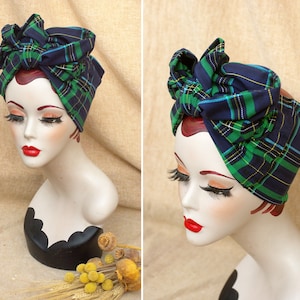 NAVY blue & GREEN Tartan Turban Headband organic cotton jersey // Vintage 40s 50s Rockabilly Retro Bow Pin Up Rockabella checked plaid image 1