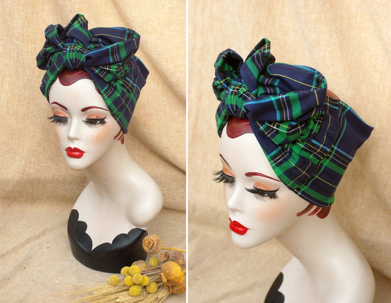 NAVY blue & GREEN Tartan Turban Headband organic cotton jersey // Vintage 40s 50s Rockabilly Retro Bow Pin Up Rockabella checked plaid image 1