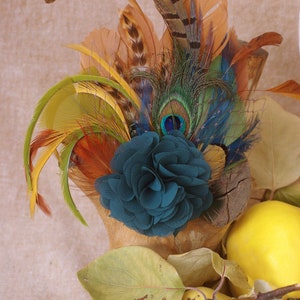 Fall colors Headpiece Teal gold green rusty // Fascinator with Peacock Pheasant feathers // autumn or winter wedding bridesmaids boho bride image 9