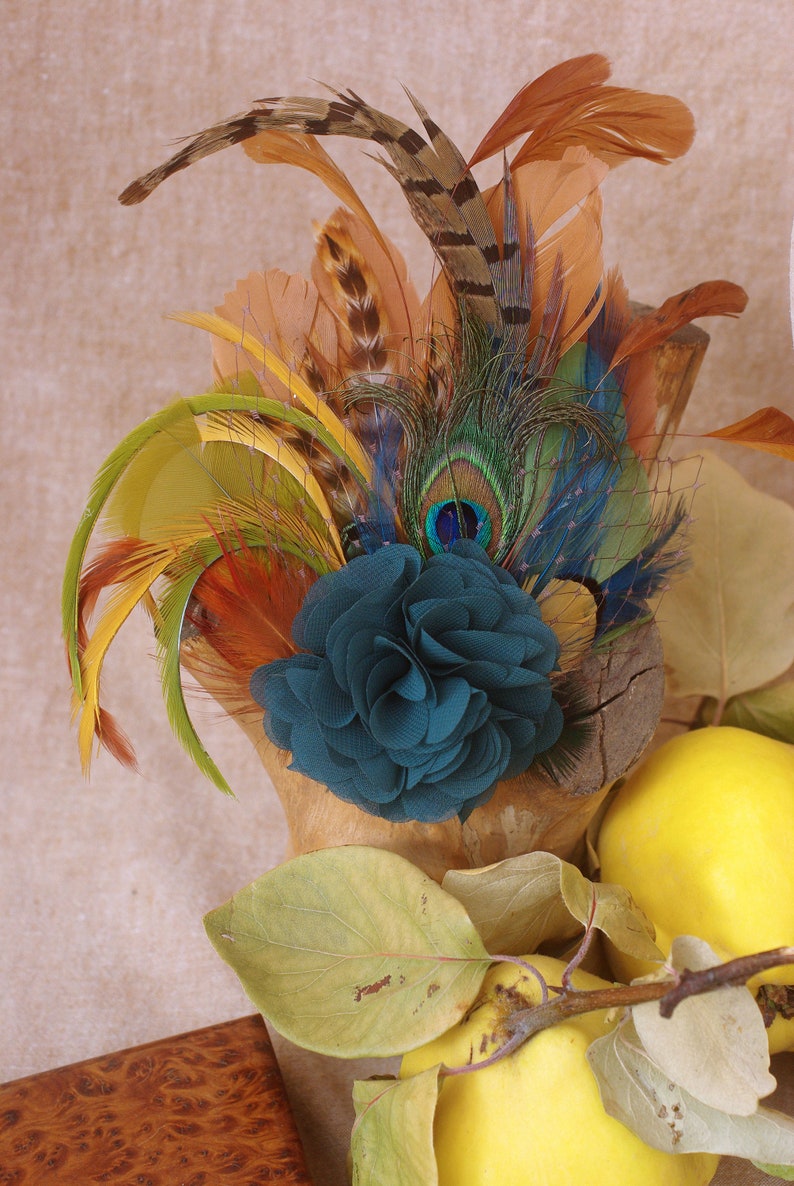 Fall colors Headpiece Teal gold green rusty // Fascinator with Peacock Pheasant feathers // autumn or winter wedding bridesmaids boho bride image 9