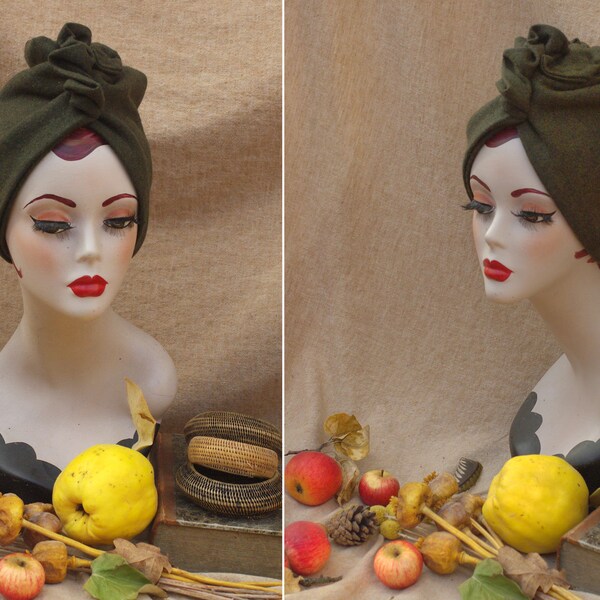 Elegante lana verde turbante // verde oliva verde oscuro // 30s 40s Vintage Style // Chemo Hair Loss Beanie Stylish & Extravagant // Art Deco
