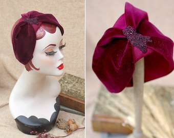 Wine purple red Velvet & WoolHalf Hat // Headpiece Vintage 30s 20s Aer Deco // Headband Fascinator burgundy // accesories