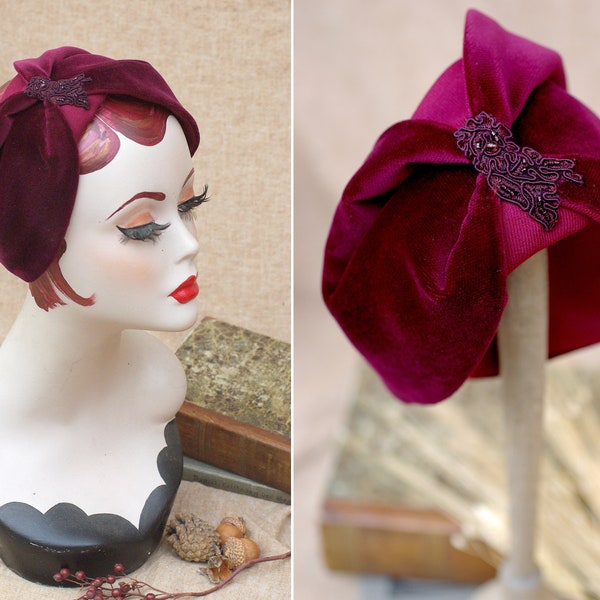 Baie : bandeau demi-chapeau velours et laine / casque en bordeaux rouge foncé violet vin rouge bibi vintage années 20 30 40 Art Nouveau Art Déco