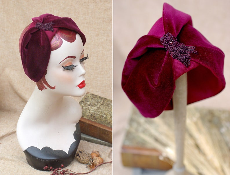 Wine purple red Velvet & WoolHalf Hat // Headpiece Vintage 30s 20s Aer Deco // Headband Fascinator burgundy // accesories image 1
