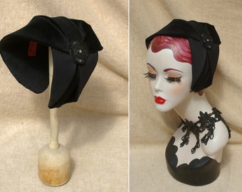 BLACK Velvet &  cotton Half Hat // Headpiece Vintage 30s 20s Art Deco // elegant Diva Headband Fascinator roaring accessories hair covering