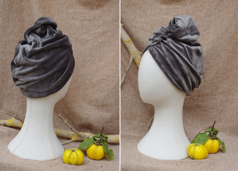 VELVET Turban hat deep green, pigeon blue or stone grey// Vintage diva 30s 40s Retro // accessories cancer hair lost therapy // Art nouveau image 2