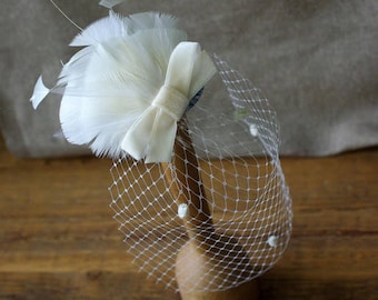bridal headpiece bird cage bride vintage veil feathers velvet bow elegant fascinator wedding bridesmaids ivory black customisable coque