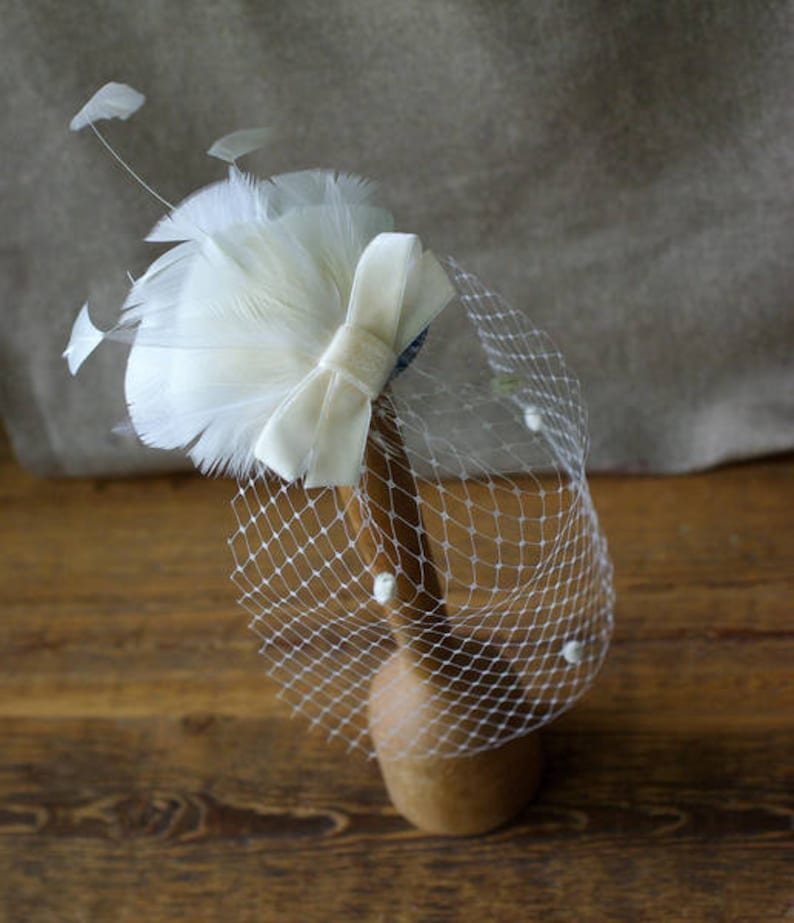 bridal headpiece bird cage bride vintage veil feathers velvet bow elegant fascinator wedding bridesmaids ivory black customisable coque
