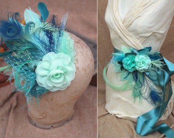 Bridal Sash & Headpiece aqua blue mint green pastell teal turquoise // vintage wedding belt Fascinator // Bride Peacock feathers Bridesmaid