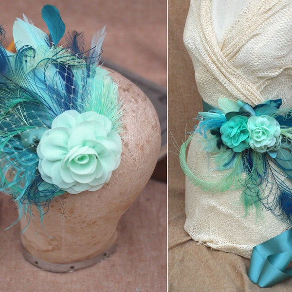 Bridal Sash & Headpiece aqua blue mint green pastell teal turquoise // vintage wedding belt Fascinator // Bride Peacock feathers Bridesmaid