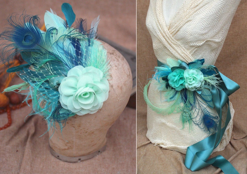 Bridal Sash & Headpiece aqua blue mint green pastell teal turquoise // vintage wedding belt Fascinator // Bride Peacock feathers Bridesmaid Set Sash & Headpiece