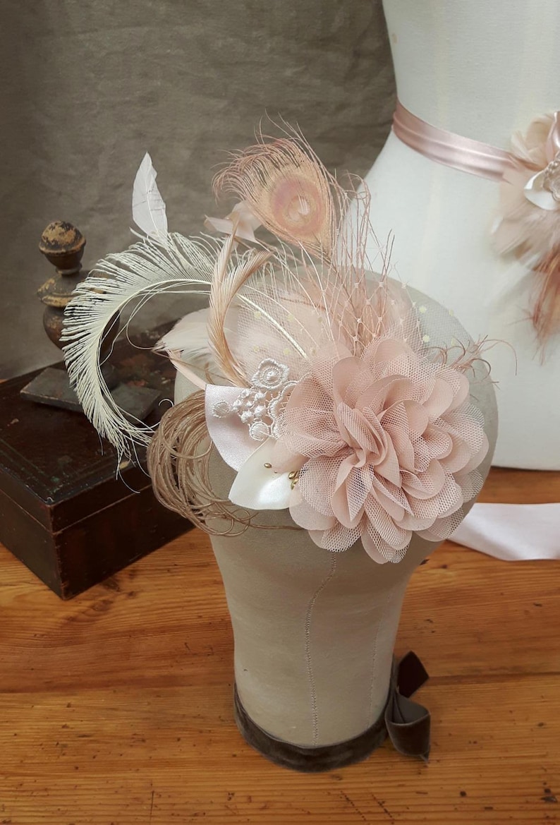 Bridal Sash /& Headpiece wedding belt Fascinator Flower vintage Bride blush nude beige tan Peacock edwardian romantic Bridesmaid lace cream