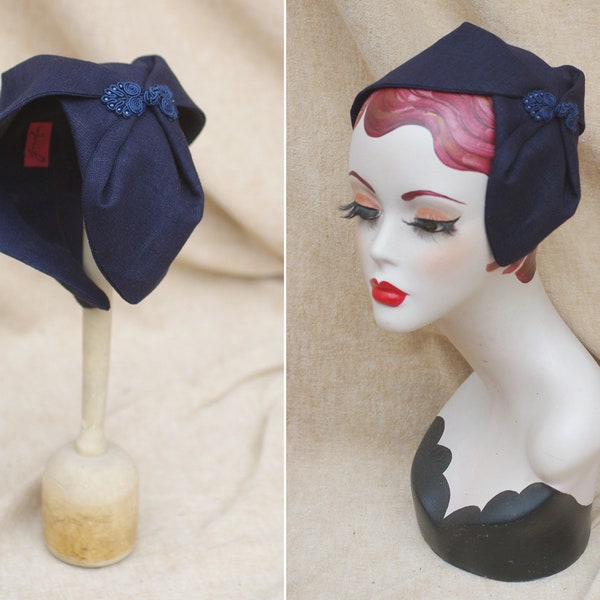 NAVY blue Half Hat pure linen Summer // Headpiece Vintage 30s 20s Art Deco // elegant Diva Look // Headband Fascinator roaring accessories