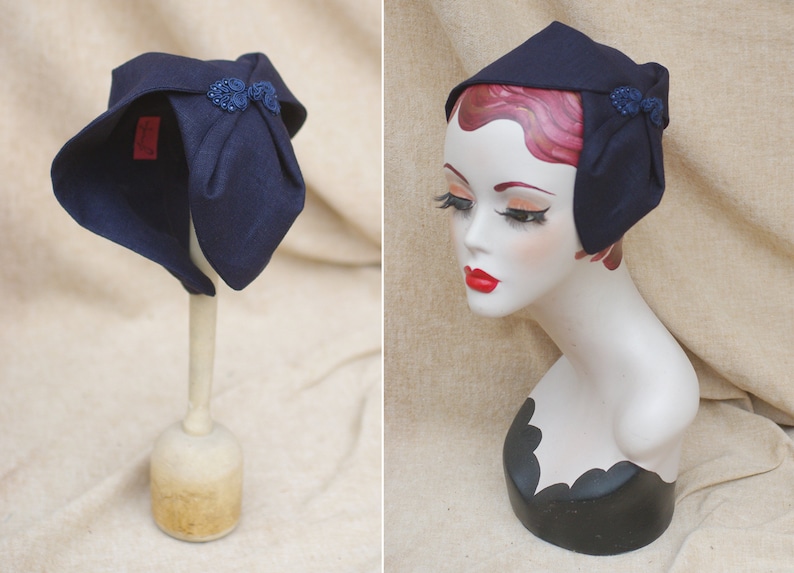NAVY blue Half Hat pure linen Summer // Headpiece Vintage 30s 20s Art Deco // elegant Diva Look // Headband Fascinator roaring accessories image 1