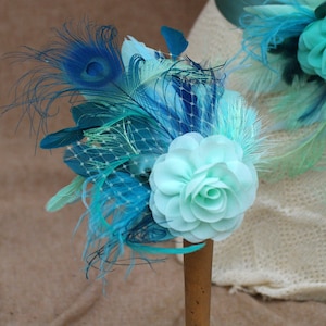 Bridal Sash & Headpiece aqua blue mint green pastell teal turquoise // vintage wedding belt Fascinator // Bride Peacock feathers Bridesmaid image 5