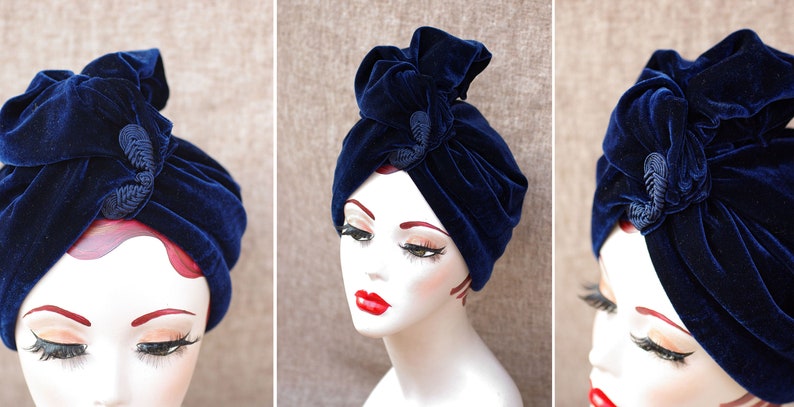 NAVY blue VELVET Turban hat // Vintage diva style // 30s 40s Retro // Unique // accessories // cancer hair lost therapy // Art nouveau image 7