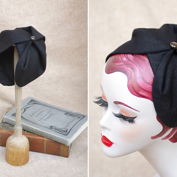 BLACK Half Hat pure linen Summer // Headpiece Vintage 30s 20s Art Deco // elegant Diva Look // Headband Fascinator black roaring accessories