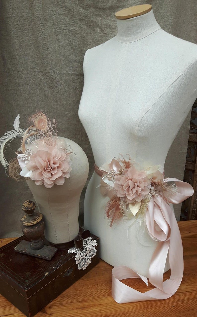 Bridal Sash /& Headpiece wedding belt Fascinator Flower vintage Bride blush nude beige tan Peacock edwardian romantic Bridesmaid lace cream