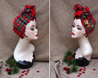 Vintage xmas Look: red tartan Turban headband // Christmas golden stars // checked scottish plaid Retro Bow // gold gift idea // scotland