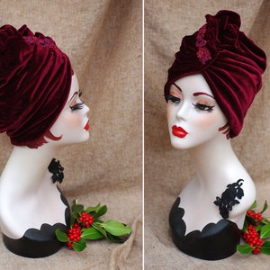 BURGUNDY red VELVET Turban hat // Vintage diva style // 30s 40s Retro // Unique // accessories // cancer hair lost therapy // Art nouveau image 6