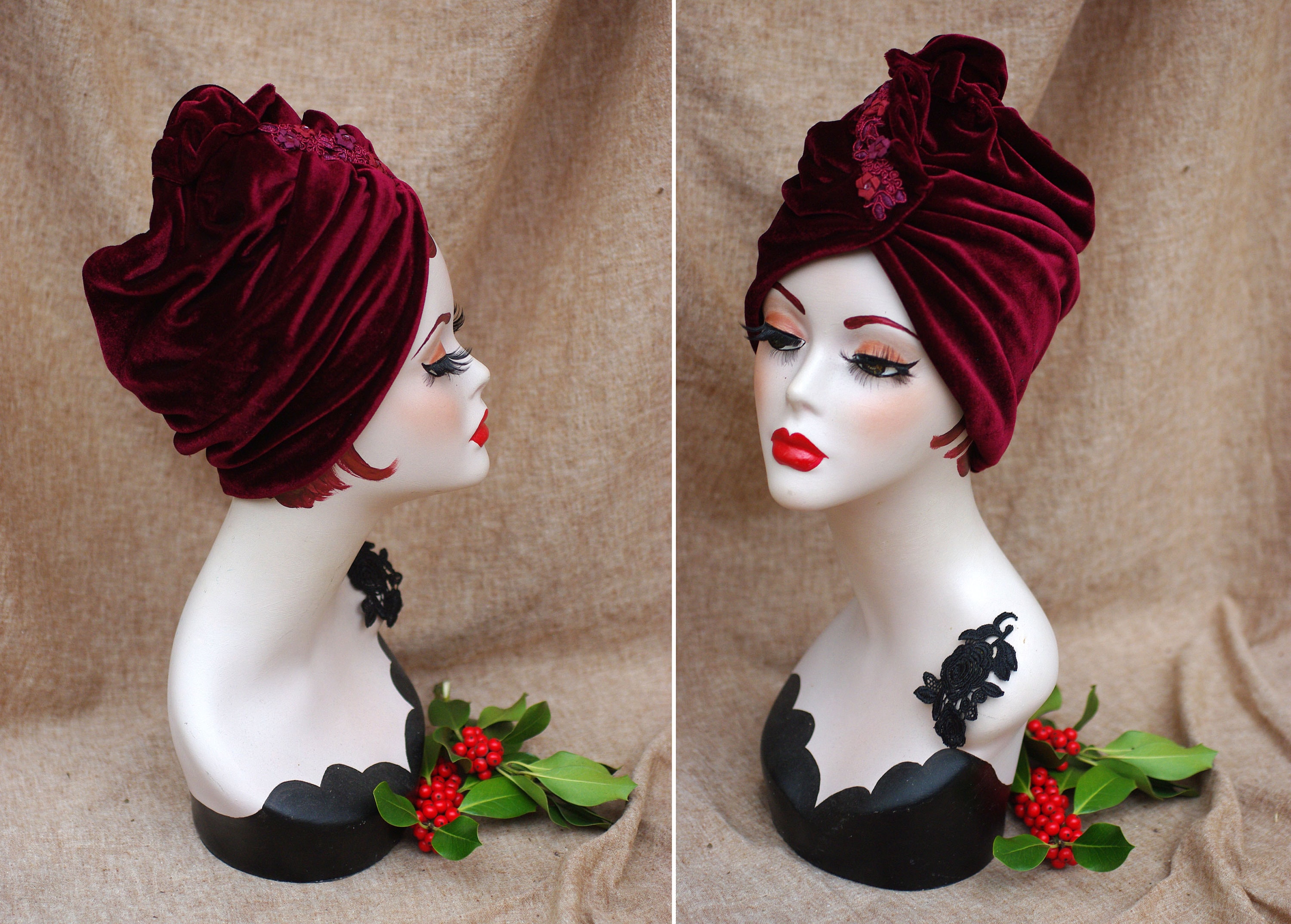 Velvet Burgundy Retro Hair Turban GENEMA Retro Velvet Turban Pre-Tied Bonnet Cancer Chemo Cap  main image 4