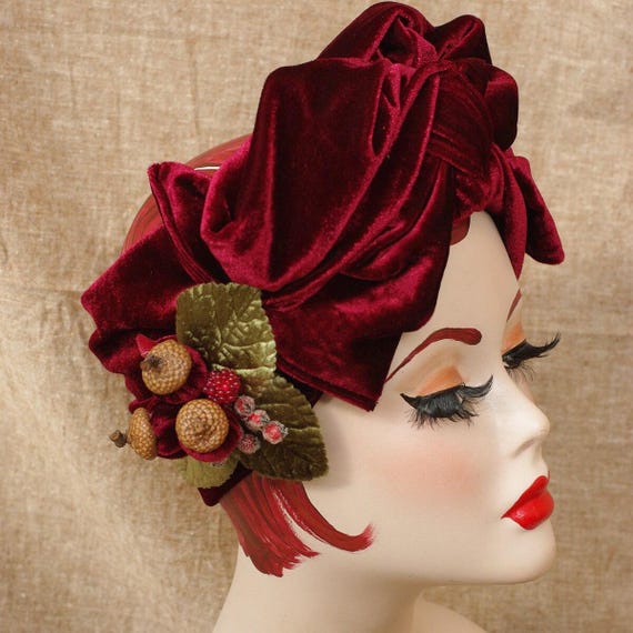 BURGUNDY Velvet Turban Headband & Brooch // Vintage 40s 30s  display picture 1