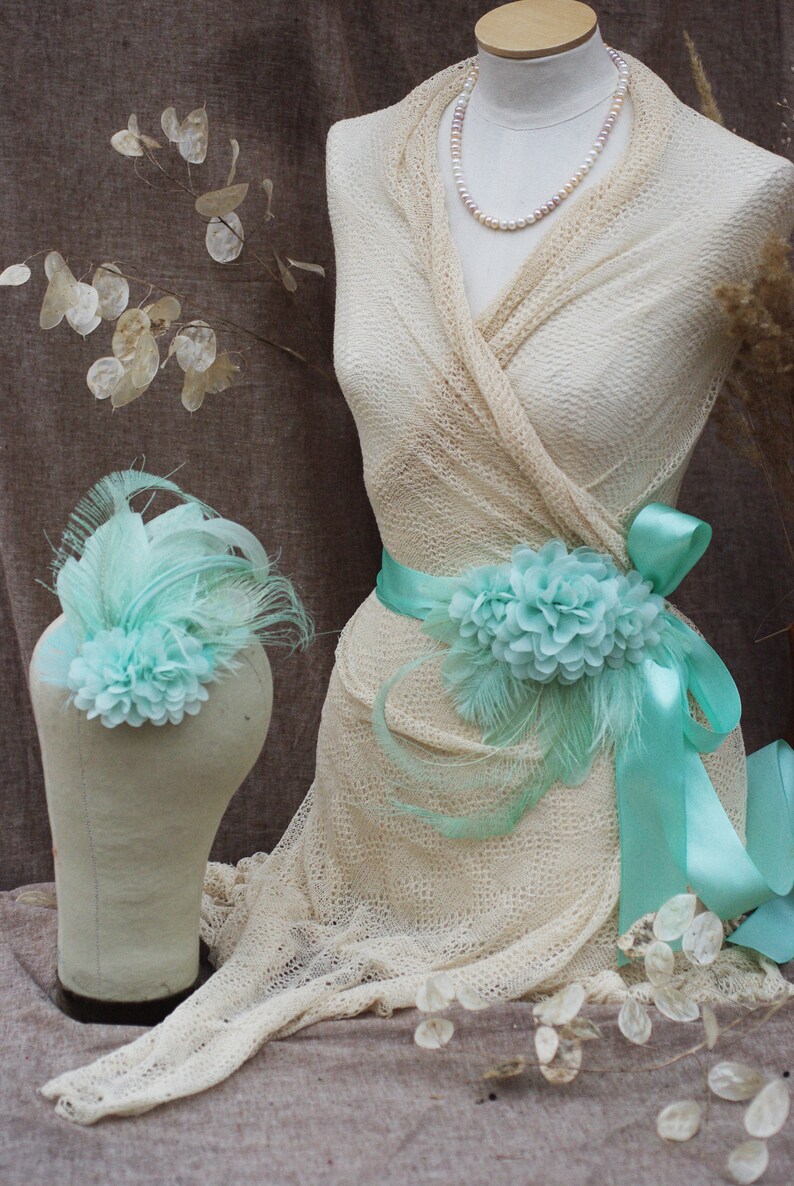 Bridal Sash /& Headpiece vintage wedding belt Fascinator Bride light green Peacock edwardian romantic Bridesmaid MINT PALE GEEN
