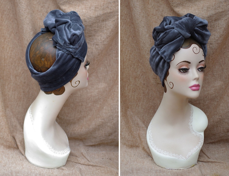 PIGEON BLUE: Velvet Turban Headband // Vintage 40s 30s // Retro Art Nouveau // grey blue velvet bow // Full Cap Turban Stretch image 6