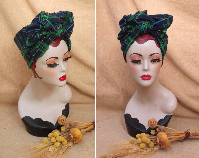 NAVY blue & GREEN Tartan Turban Headband organic cotton jersey // Vintage 40s 50s Rockabilly Retro Bow Pin Up Rockabella checked plaid image 5