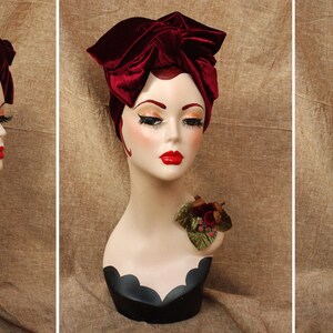 BURGUNDY Velvet Turban Headband & Brooch // Vintage 40s 30s // Retro Art Nouveau // deep red green velvet bow wine red acorns // Jazzafine image 6