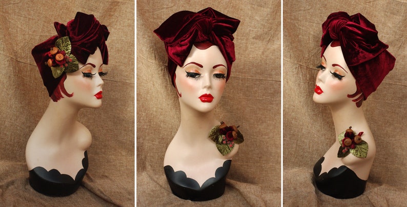 BURGUNDY Velvet Turban Headband & Brooch // Vintage 40s 30s // Retro Art Nouveau // deep red green velvet bow wine red acorns // Jazzafine image 6