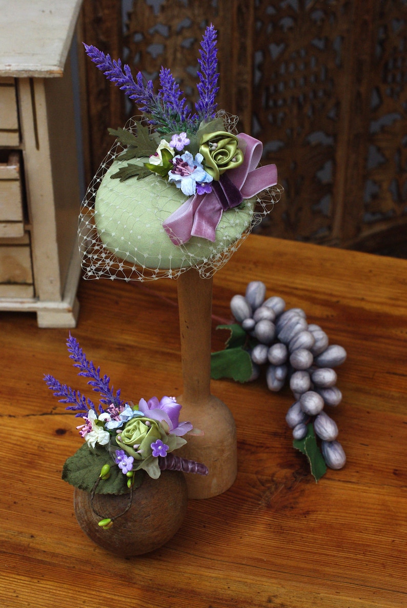 Provence lavender lilac green mint bridal headpiece fascinator corsage wedding accessoiries vintage bride bridesmaid silk fifties pastel image 5