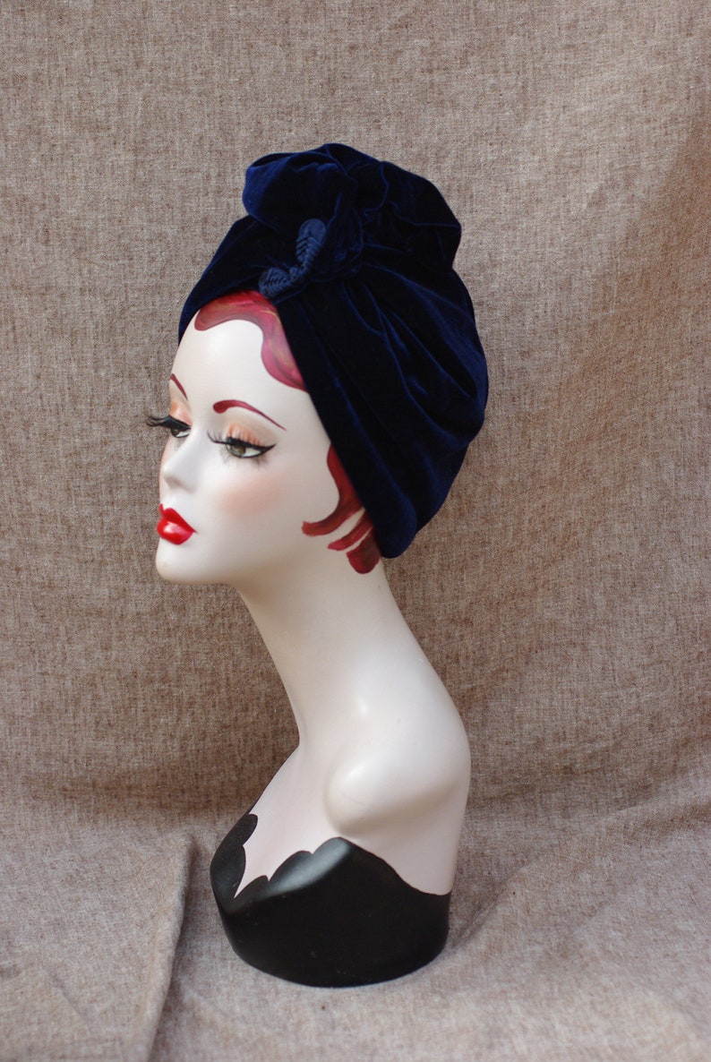 NAVY blue VELVET Turban hat // Vintage diva style // 30s 40s Retro // Unique // accessories // cancer hair lost therapy // Art nouveau image 5