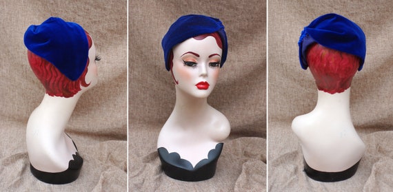 Royal Blue Velvet & Moiré Taffeta Half Hat // Headpiece  display picture 3