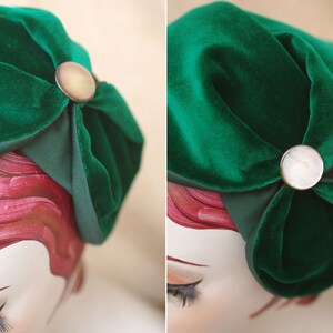 Billard green Velvet Half Hat with mother of pearl // emerald Headpiece Vintage 30s 20s Art Deco // Diva Look // Headband Fascinator spring Knopf - rund