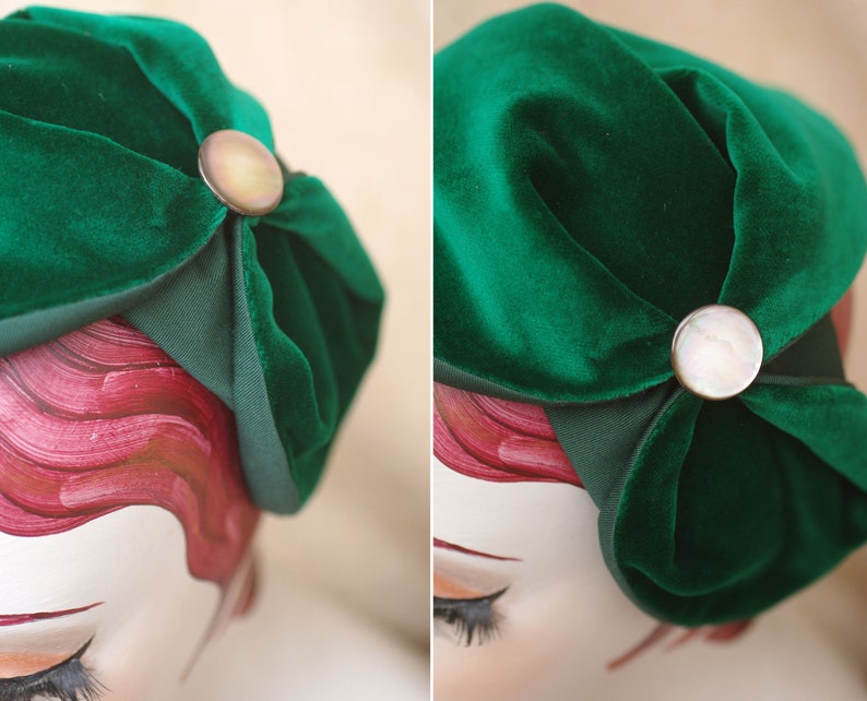 Billard green Velvet Half Hat with mother of pearl // emerald Headpiece Vintage 30s 20s Art Deco // Diva Look // Headband Fascinator spring Knopf - rund