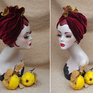 Two tones Turban: wine red / burgundy & gold VELVET // Full Cap Vintage style diva 30s 40s Retro accessories / cancer hair lost Art nouveau image 1