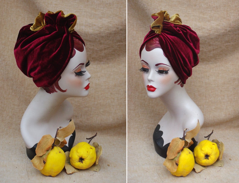 Two tones Turban: wine red / burgundy & gold VELVET // Full Cap Vintage style diva 30s 40s Retro accessories / cancer hair lost Art nouveau image 1