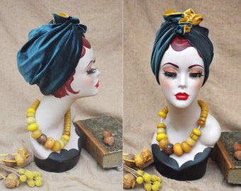 Teal & Gold Curry TURQUOISE VELVET Turban Full Cap // Vintage diva 30s 40s Retro accessories red hair // cancer hair lost Art nouveau yellow